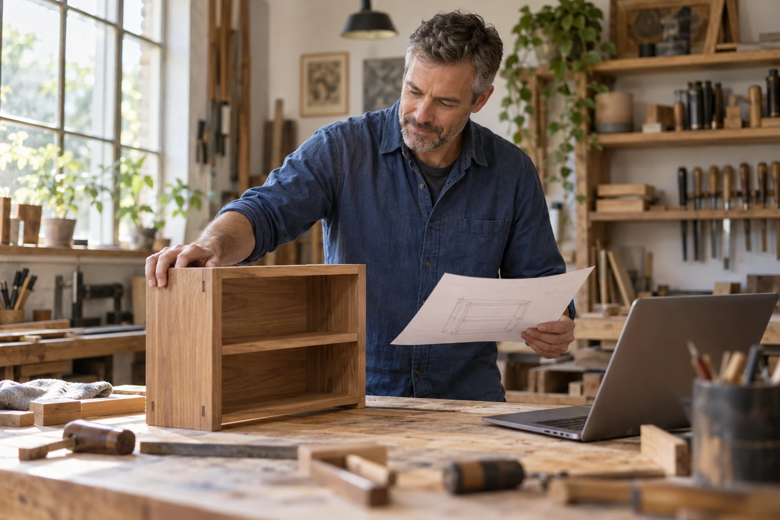 Scène d’illustration générée : un artisan se consacre à son projet dans son atelier. Personne fictive.
