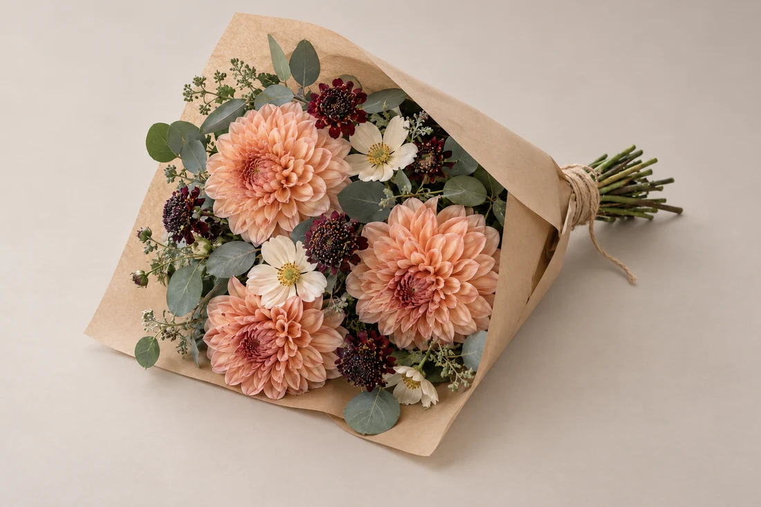 Bouquet d’automne aux dahlias saumon et feuillages, illustration de collection