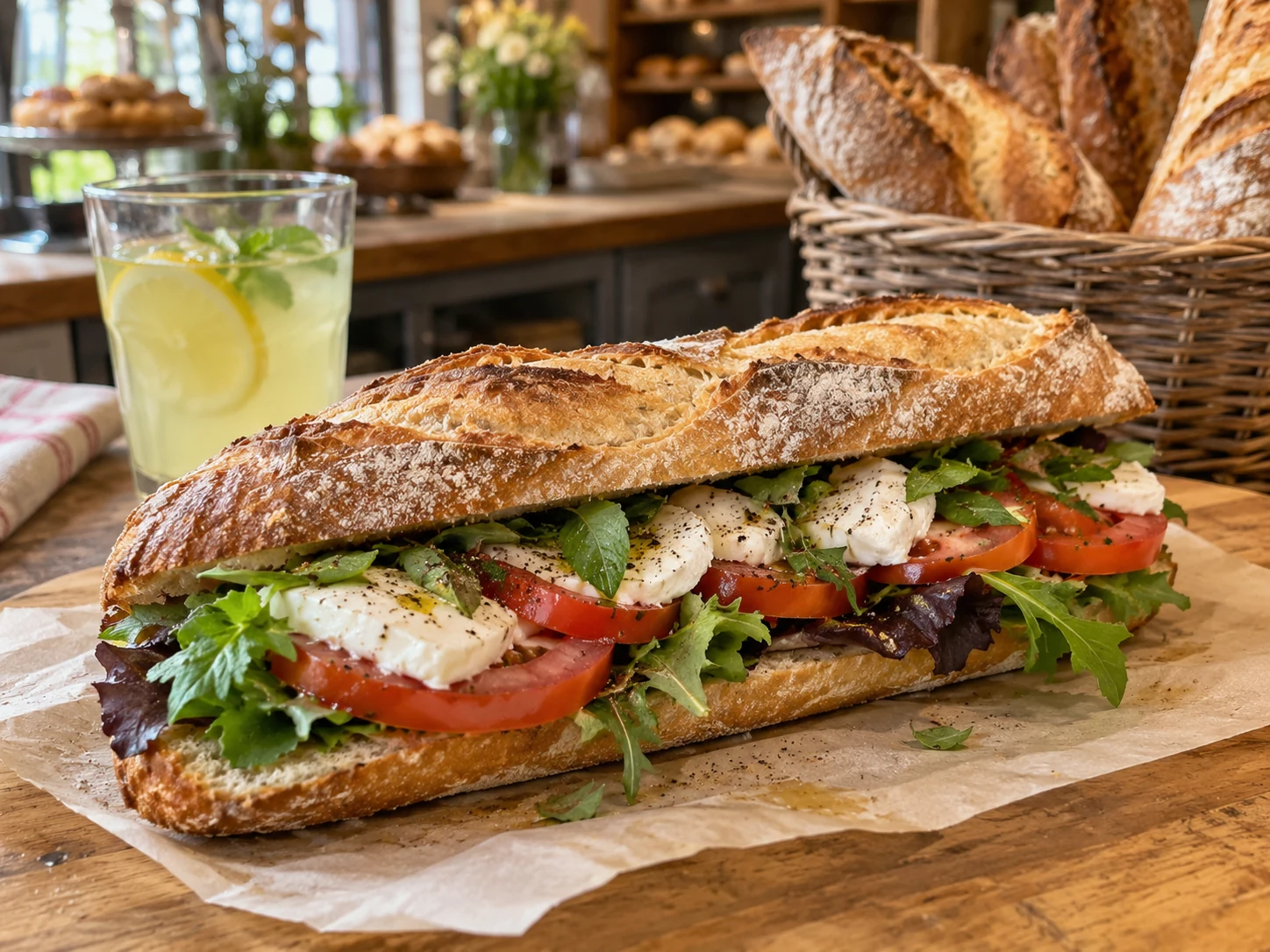 Sandwich à la mozzarella et aux légumes, avec une boisson, illustration générée