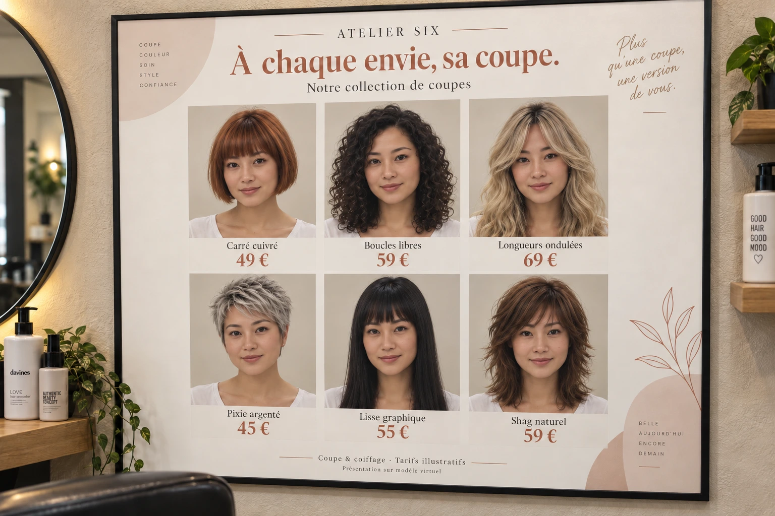 Affiche encadrée fixée au mur du salon fictif Atelier Six : un même modèle virtuel présente six coiffures nommées, avec des prix de45à69euros
