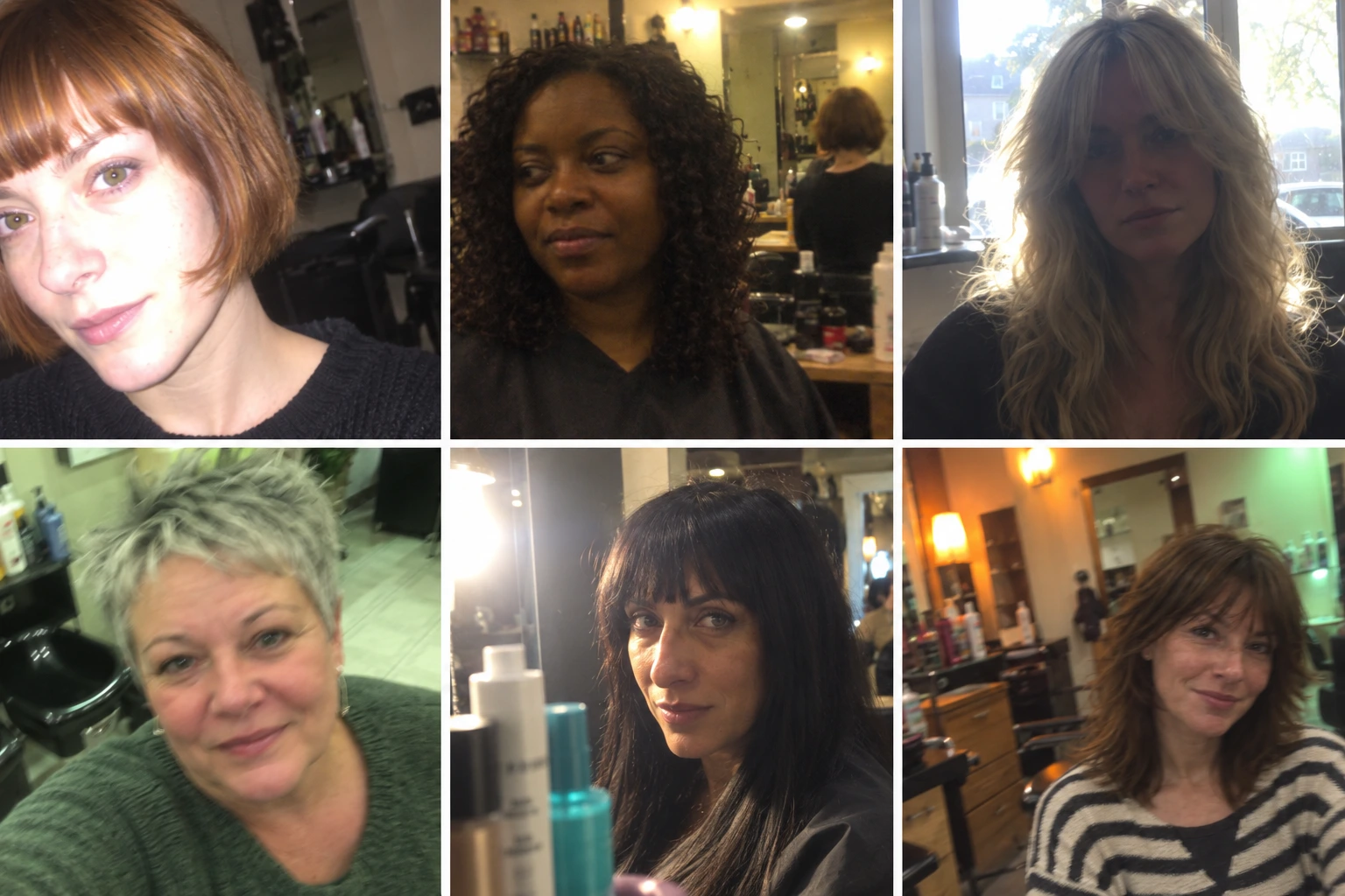 Six clientes fictives différentes photographiées au téléphone, avec un éclairage médiocre et des fonds de salon encombrés