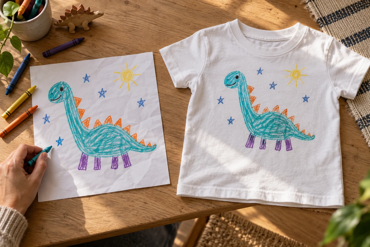 Simulation : un dinosaure dessiné au crayon sur papier et le même dessin imprimé sur un t-shirt enfant blanc
