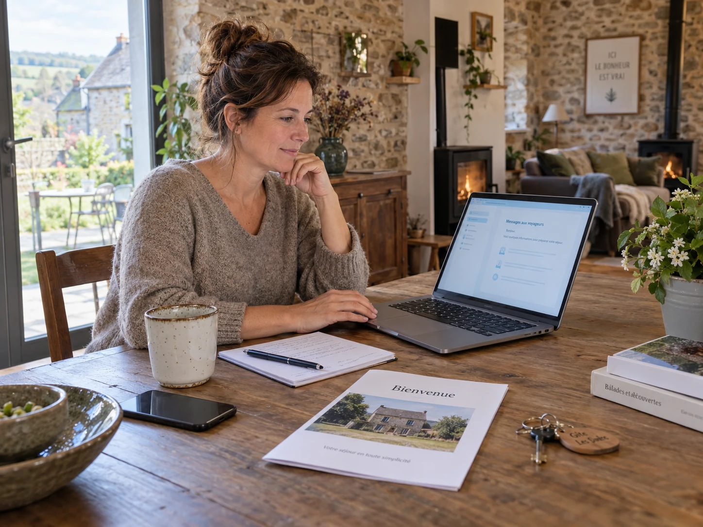 Mise en situation fictive : une propriétaire de gîte prépare sereinement les arrivées sur son ordinateur