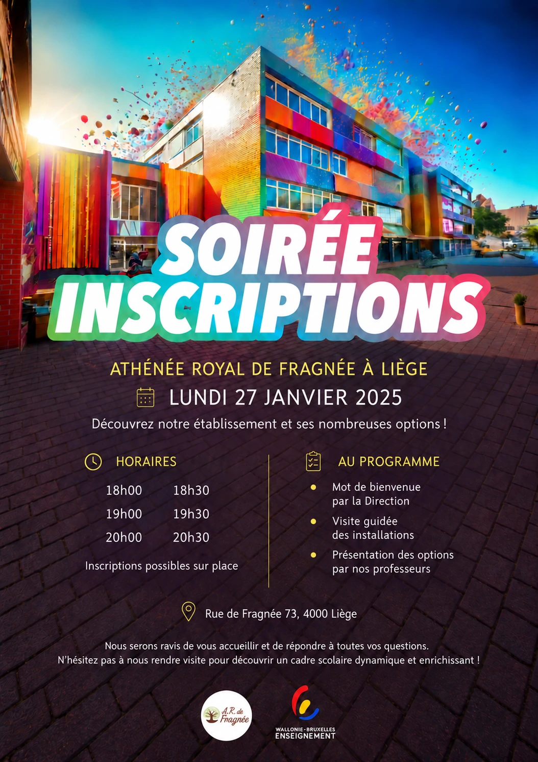 Affiche de la soirée d’inscriptions de l’Athénée royal de Fragnée : bâtiment aux couleurs vives, titre blanc, date et programme.