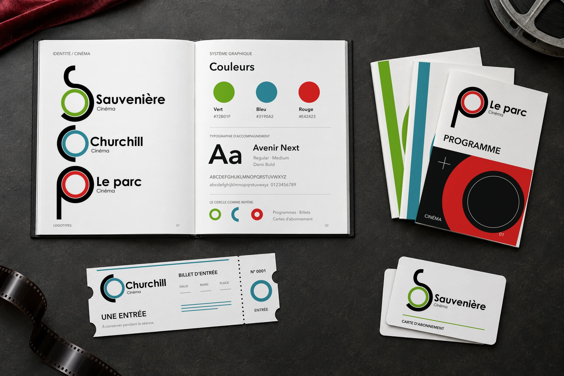 Exploration d’identité pour des cinémas : trois logos, palette de couleurs, typographie, programmes, billet et carte d’abonnement.
