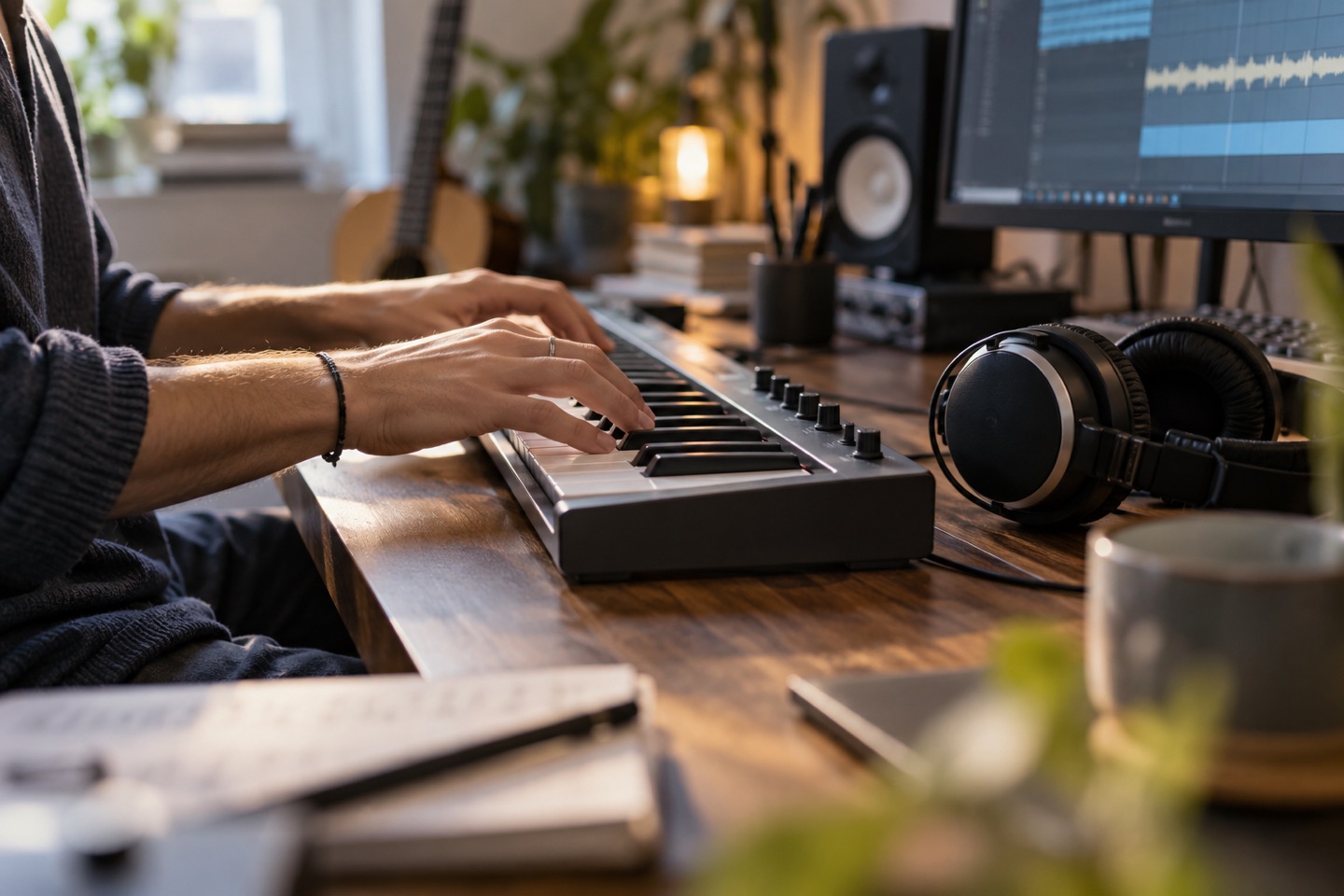 Illustration d’une séance de composition : des mains sur un clavier, un casque et un studio chaleureux.